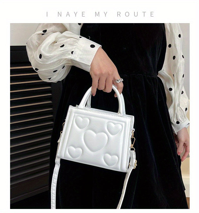 1pc Women’s Stylish Solid Color Handbag with Detachable Strap – Heart Pattern Design, Perfect for Valentine’s Day Gift, Available in Magenta, White, Black, Green, Yellow