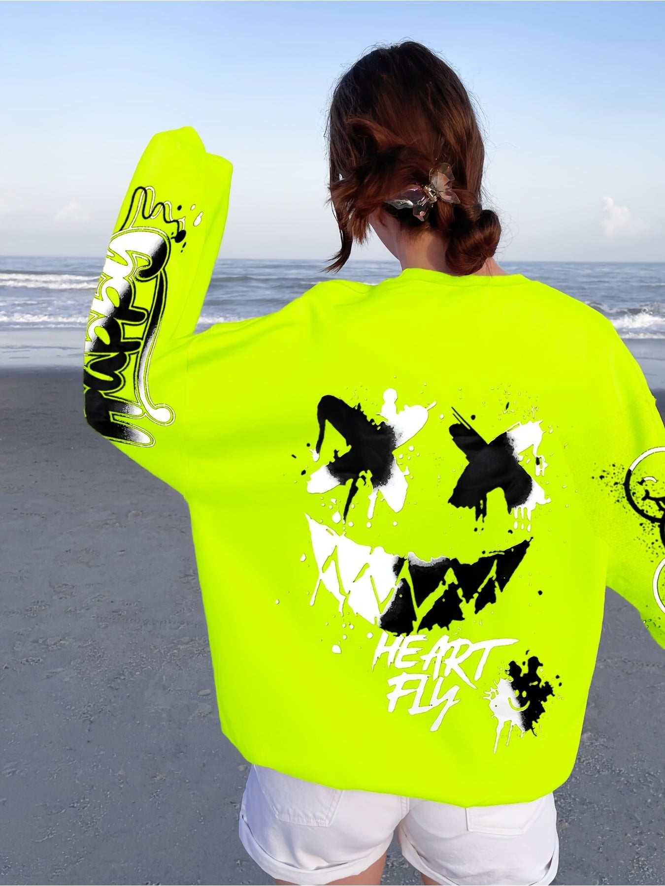 Women's Vibrant Neon Green Graffiti Print Sweatshirt -"HAPPY" & Heart Graphic, Long Sleeve, Lightweight Polyester Blend, Machine Washable, Style