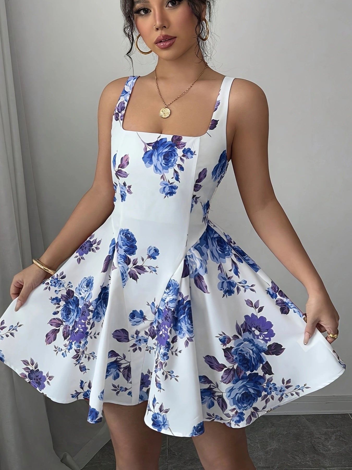 Elegant Floral Print Sleeveless A-Line Dress for Women - Lightweight Polyester Summer Dress with Square Neckline, Machine Washable, Perfect for Spring and Summer Outings, Spring Summer Dress | Summer Elegance Wear | Glossy Te