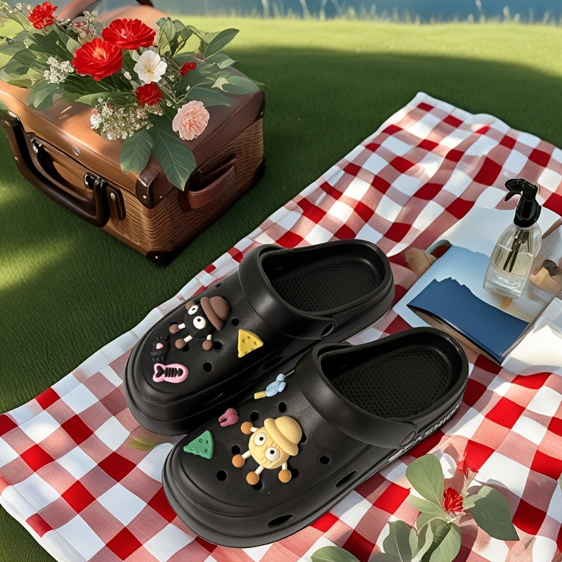 Fashionable Couple Men'S And Women'S Cute Hole Shoes with Cute Briquette Pendants, Elegant Black EVA Mules And Clogs for All-Season Outdoor And Casual Wear, Beach Shoes