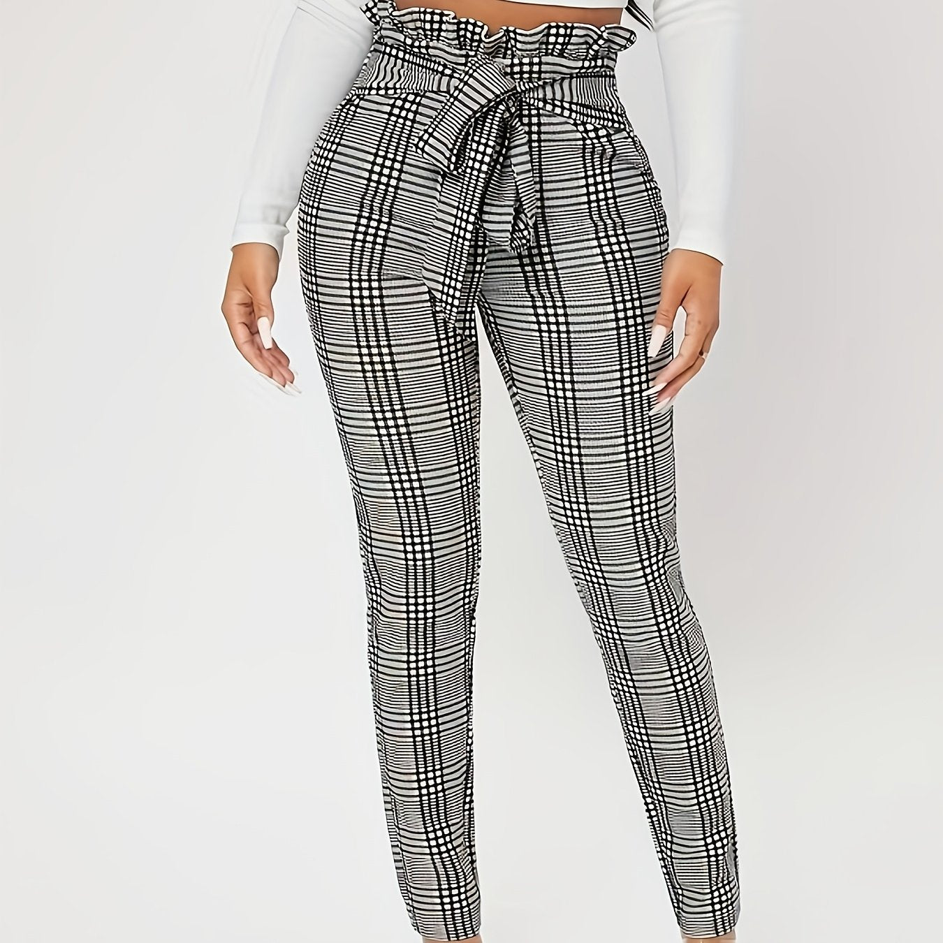 Women's Vintage-Inspired Stretch Slim Pants - Black & White Plaid, High-Waisted with Tie Belt, Polyester, Machine Washable - Perfect for Spring/Fall