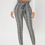 Women's Vintage-Inspired Stretch Slim Pants - Black & White Plaid, High-Waisted with Tie Belt, Polyester, Machine Washable - Perfect for Spring/Fall