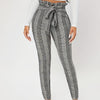 Women's Vintage-Inspired Stretch Slim Pants - Black & White Plaid, High-Waisted with Tie Belt, Polyester, Machine Washable - Perfect for Spring/Fall