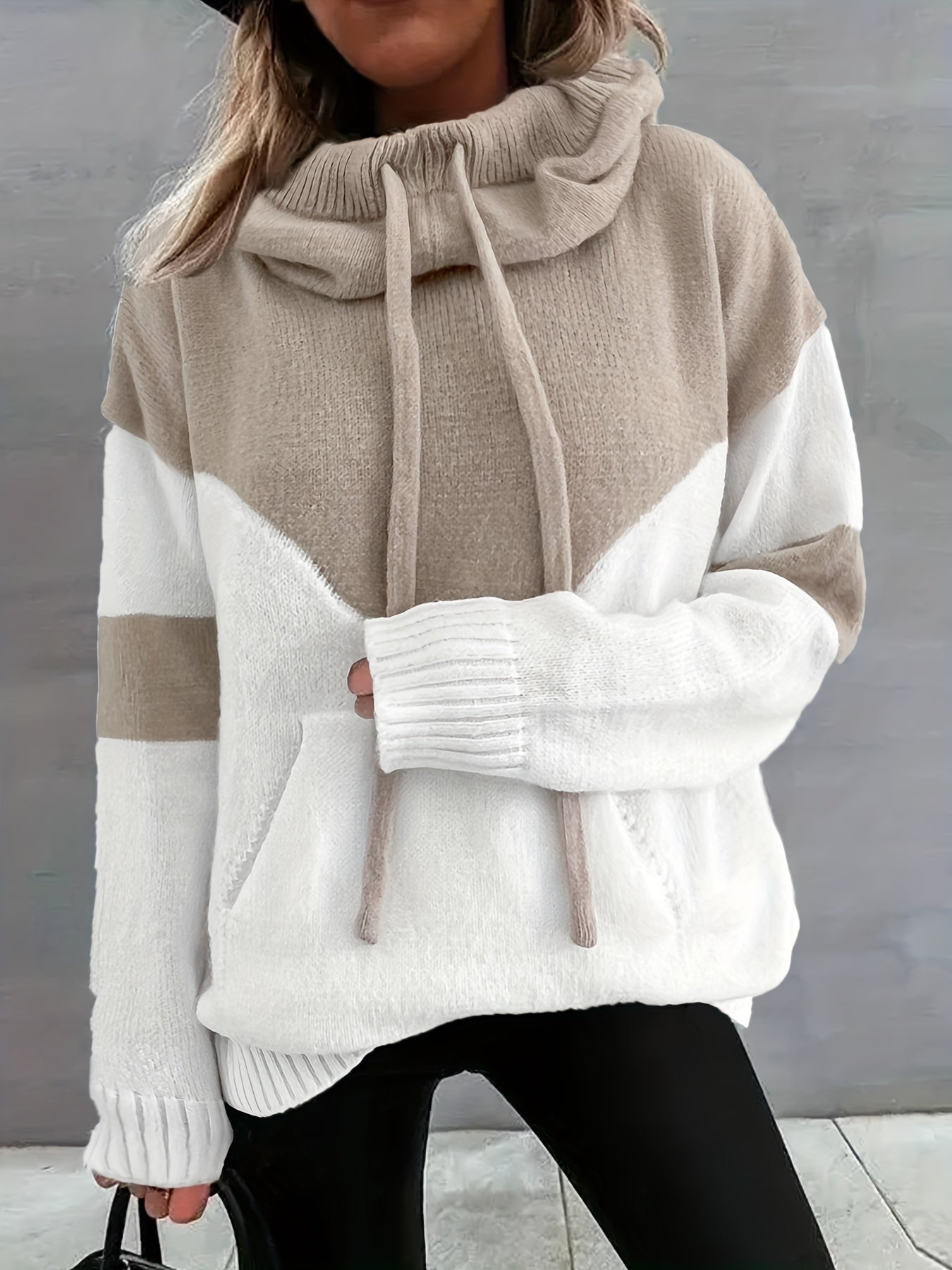 Color Block Drawstring Hooded Sweatshirt, Women's Long Sleeve Casual Pullover Sweater with Pocket