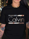 Women's Calvin-Inspired Graphic Tee – Casual Short Sleeve Crew Neck Top in Black, Soft & Stretchy Everyday Shirt