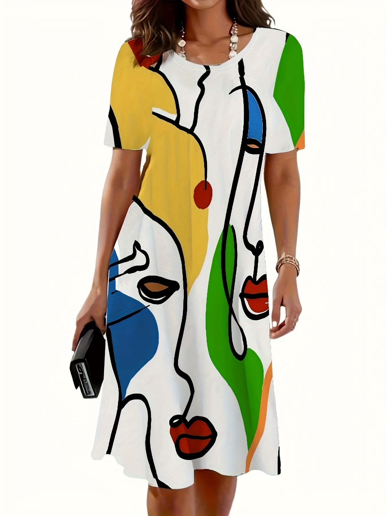 Women'S Casual Summer Dress with Vibrant Abstract Face Print - Short Sleeve, Loose Fit, All-Season, T-Shirt Style, Allseason Dress | Vibrant Print Dress | Comfortable Fit, Plus Size Dress