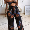 Sexy Butterfly Print Two-piece Set, Backless Crop Halter Top & Wide Leg Pants Outfits, Women's Clothing