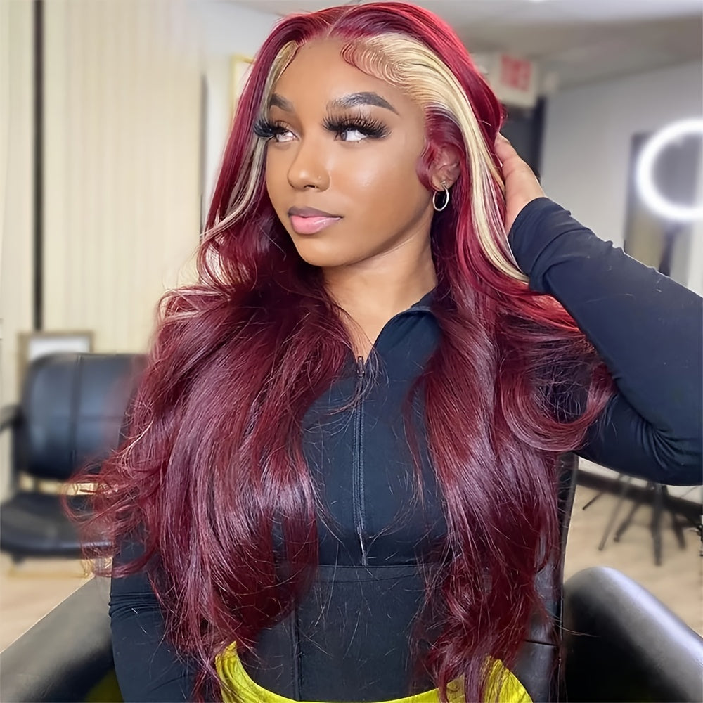 Burgundy Highlight Blonde Lace Front Wig for Women - 13x4 Inch, 26-Inch Silky Straight Synthetic Heat Resistant Fiber, Pre-Plucked Hairline, Glueless Design for Daily & Party Wear, Party Hairpiece | Elegant Hairpiece | Gluele