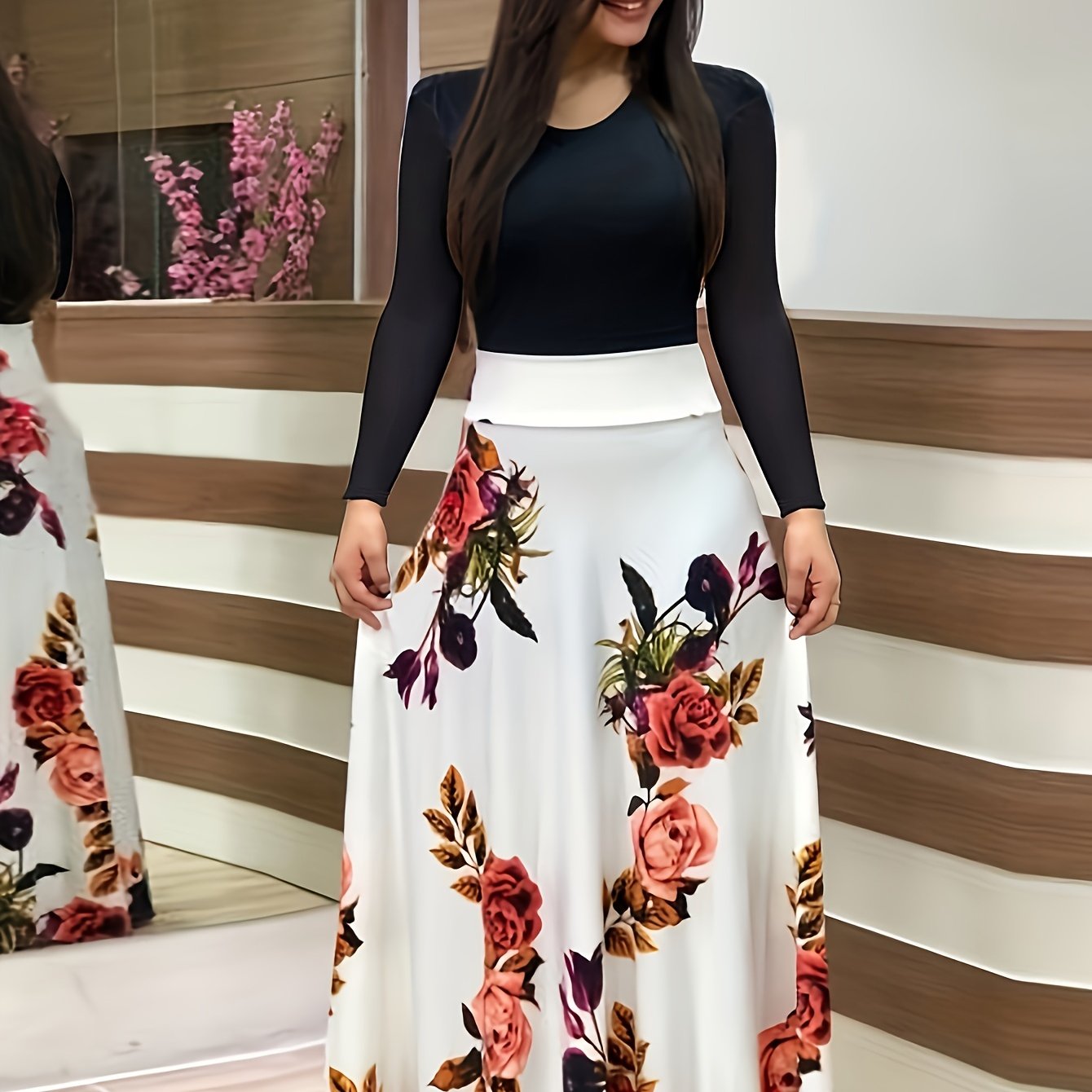 Stunning Floral Print Maxi Dress - Women's Elegant Long Sleeve Crew Neck Splicing Dress for Spring & Fall - Perfect for Various Occasions
