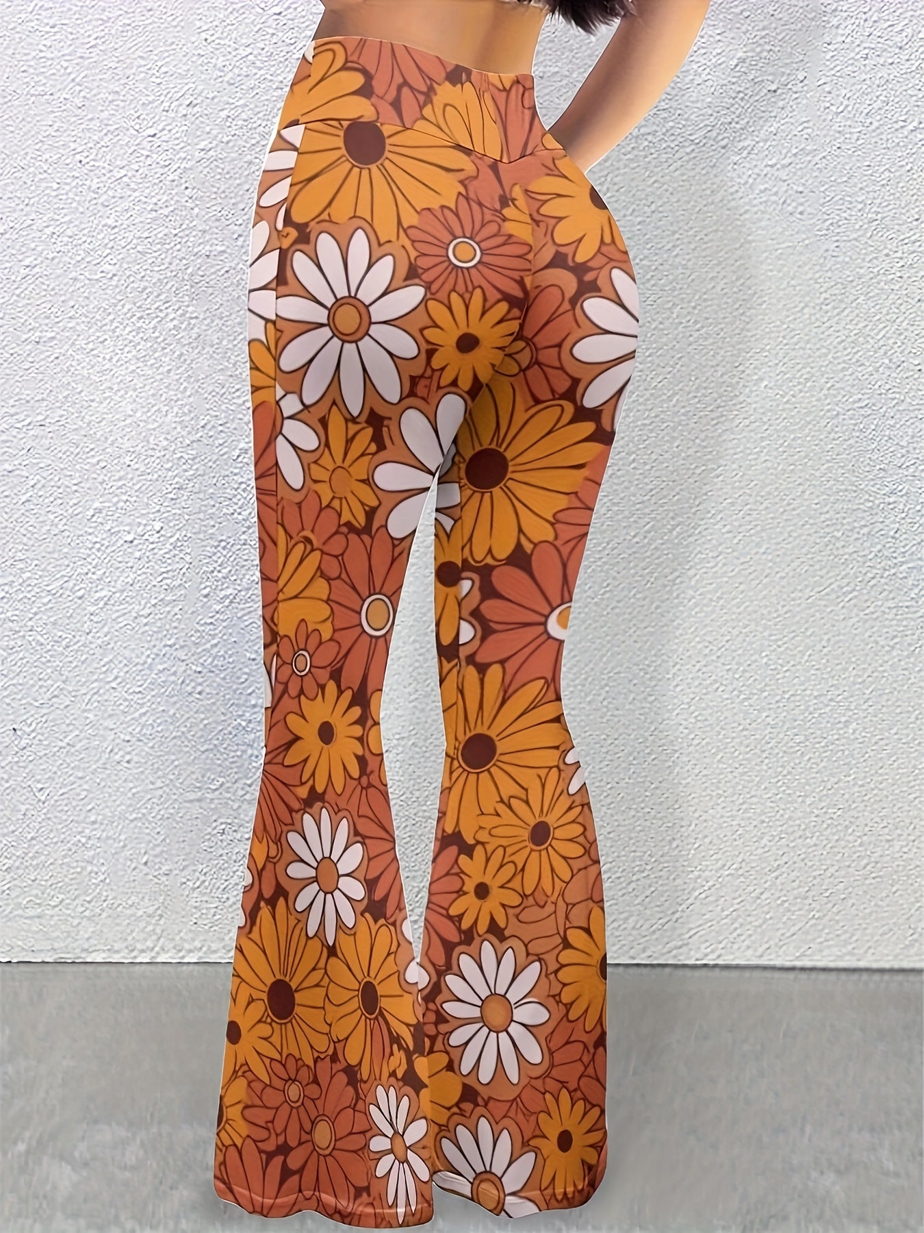 Women's High-Waist Floral Print Flare Pants - Casual, Stretchy, and Comfortable Bell Bottoms with Vibrant Orange & White Daisy Design, Loose Fit for Casual Attire, Casual Wear Pants | Retro Style Jeans | Machine Washable Pant