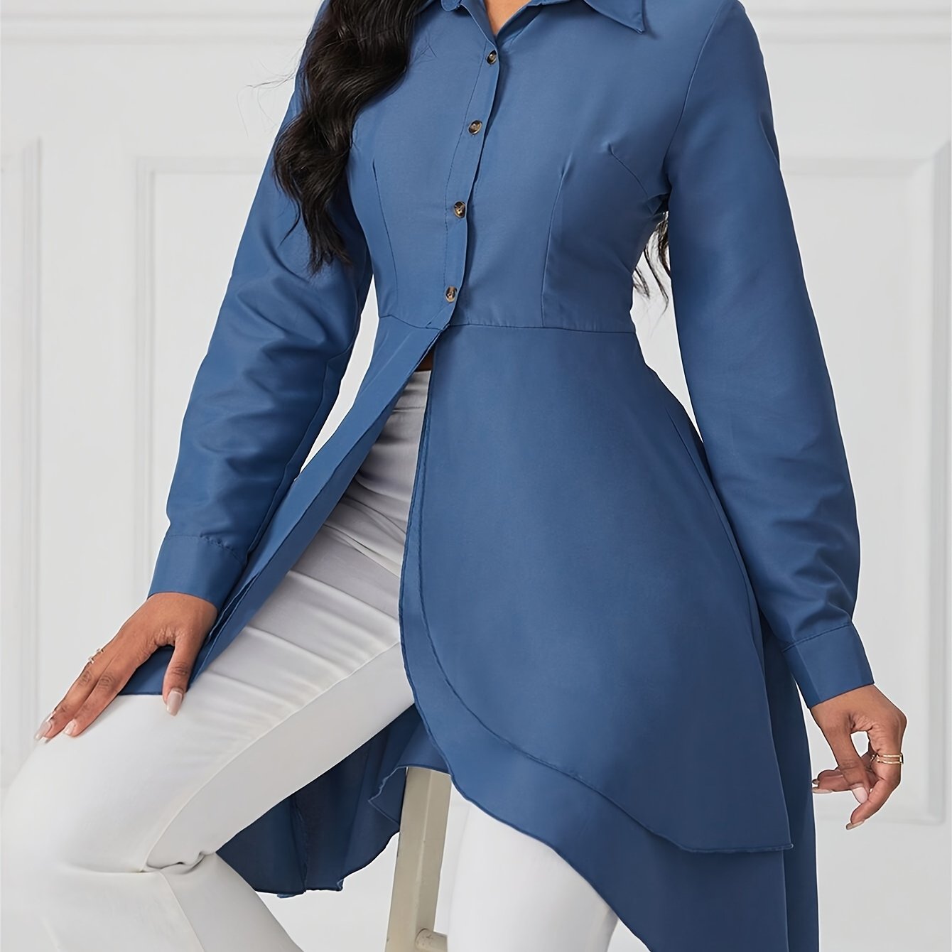 Elegant Solid Color Long Sleeve Shirt for Women - Button-Up, Non-Stretch Polyester Blend, Machine Washable, Elegant Special Project Style, ALL/Global/All