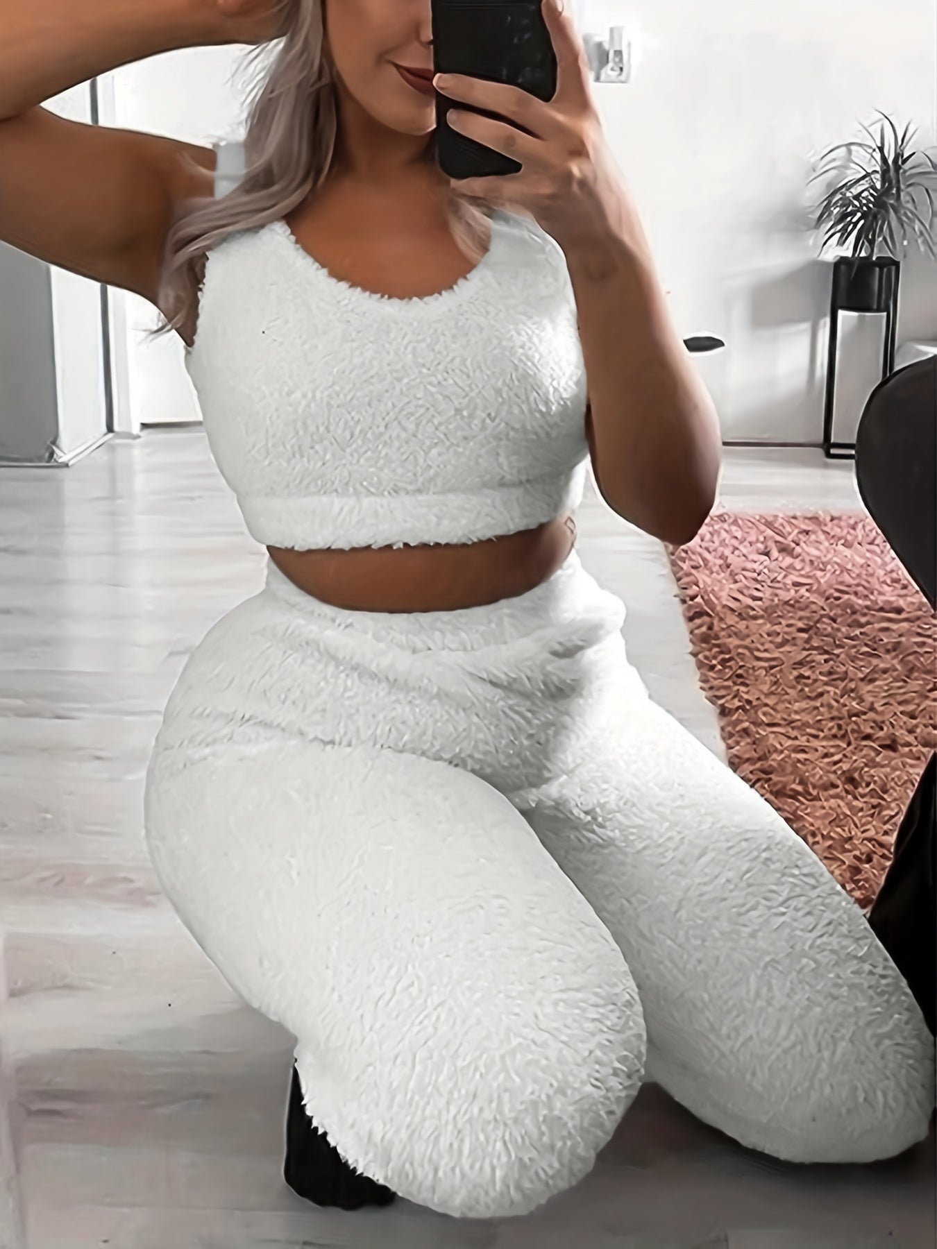 Cozy Solid Fuzzy Lounge Set - Soft Micro Elastic Polyester Tank Crop Top & Elastic Waistband Pants for Women - Machine Washable, Casual Fall/Winter Loungewear & Sleepwear for Adult