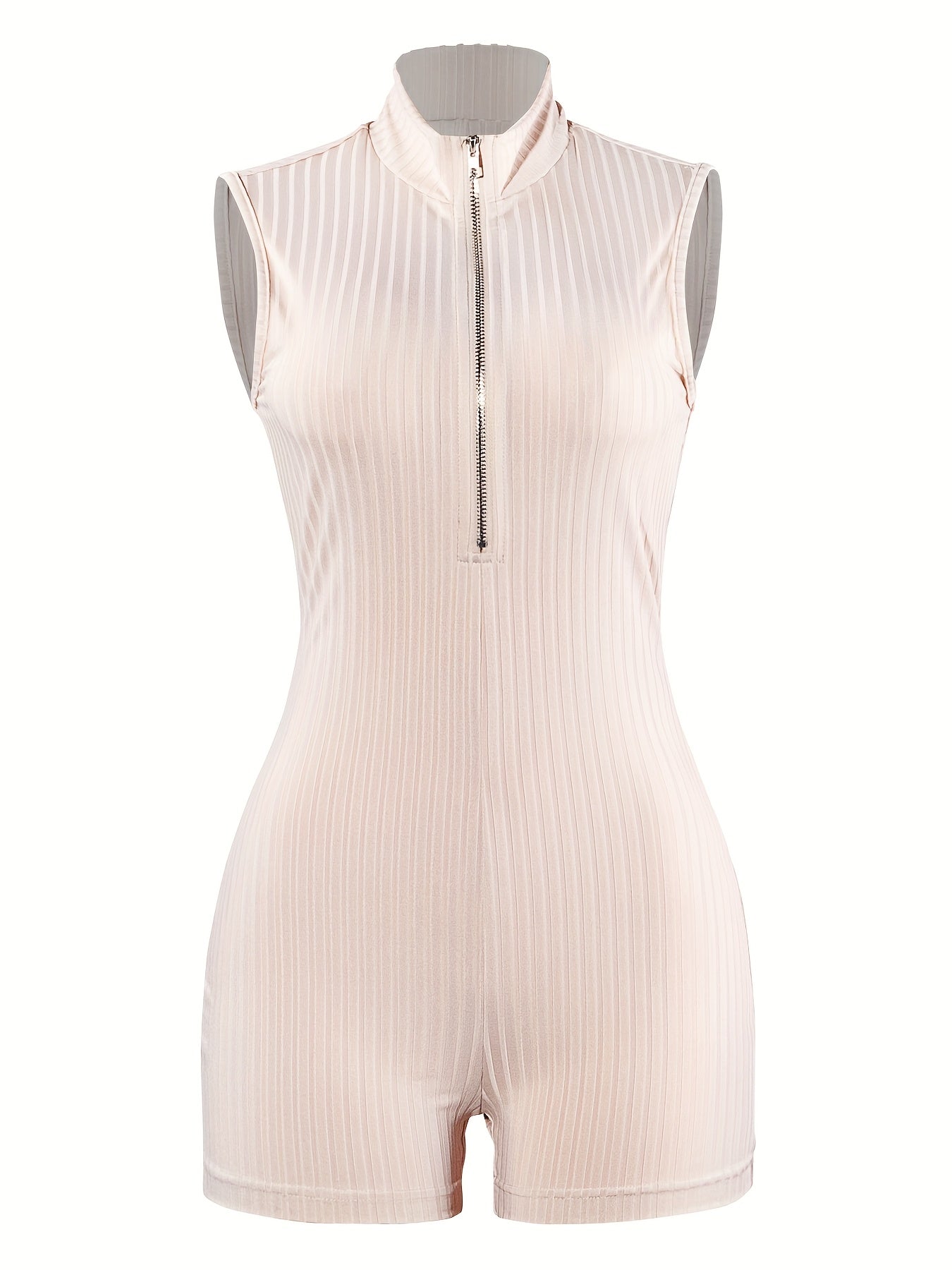 Women's Sexy Ribbed Sleeveless Zip-Up Romper - V-Neck, Stretchy Polyester Blend, Machine Washable, All-Season Bodycon Jumpsuit for Adults, Allseason Wear | Vneck Dress | Ribbed Texture