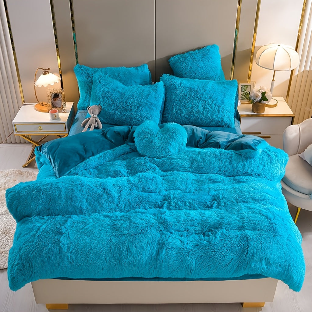 4pcs Queen/King Size Comforter Set | Fluffy Plush Velvet Bed Comforter Sets (1 Duvet+2 Pillowcases+Sheet) | Ultra Soft Thermal All-Season Luxury Bedding for Bedroom, Dorm & Guest Rooms | Queen Size Comforter Set & King Size B