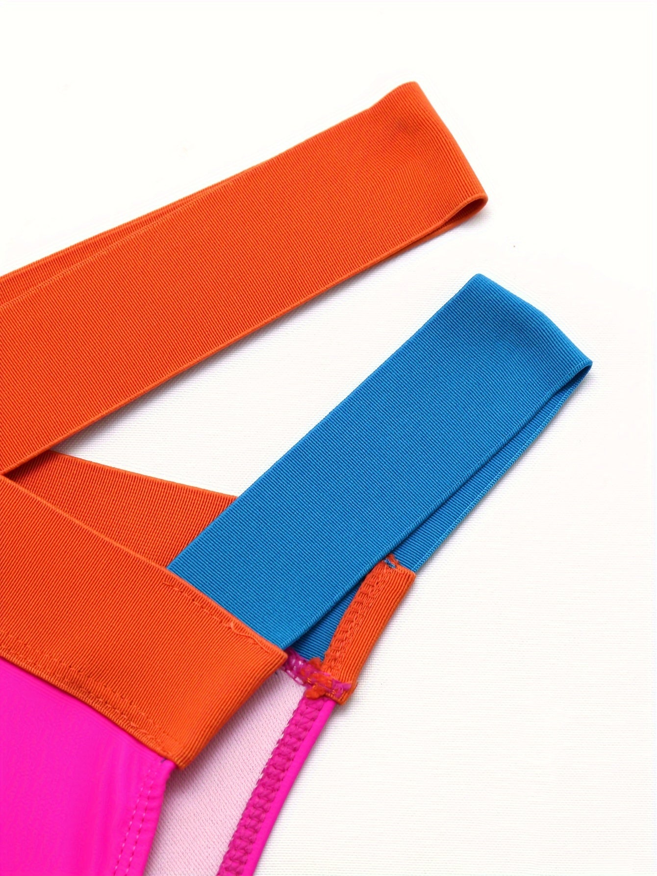 Women'S High Stretch Color Block Bikini Set - European & American Style Triangle Cross Strap Swimsuit with Neon Green, Pink, Blue, Orange Bandeau Top & High-Waisted Bottoms