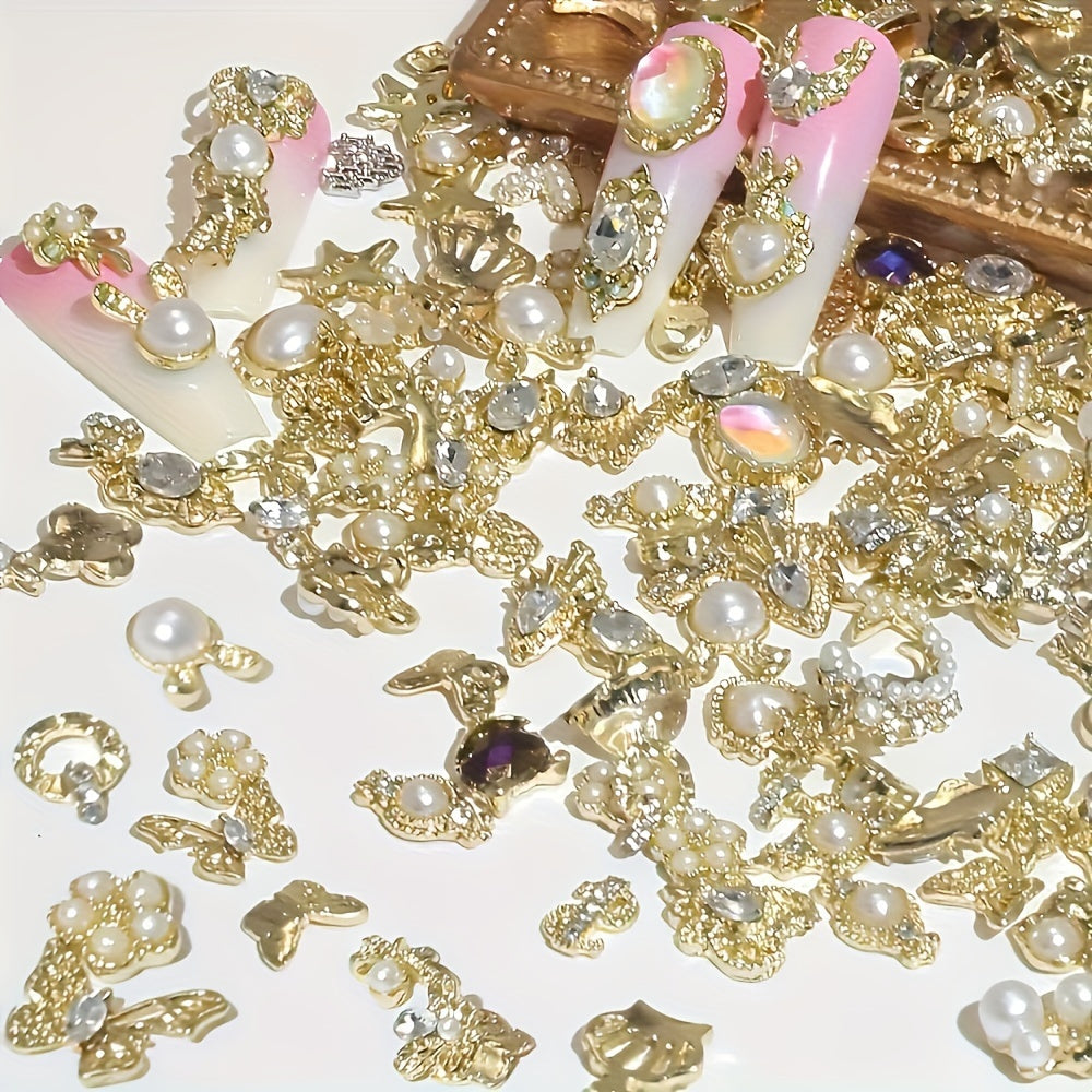 200pcs Elegant Nail Art Jewels, 3D Alloy Nail Jewelry Set, with Rhinestones and Faux Gemstones, Unscented DIY Manicure Accessories