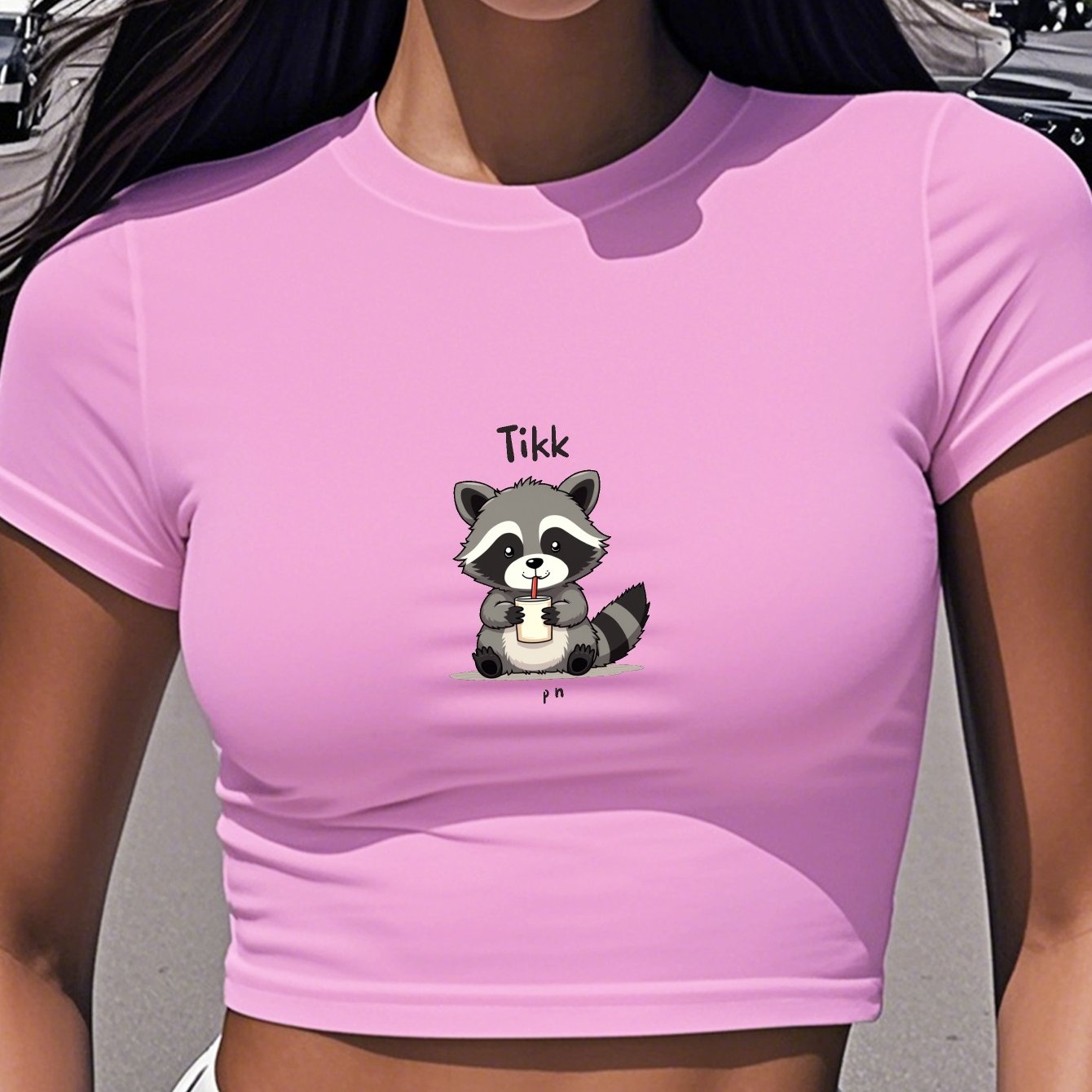Women'S "TikTok" Graphic Raccoon Short Sleeve T-Shirt - White, Casual, All-Season Top with Round Neck, Casual Attire | Playful Print | Comfortable Fit, Raccoon Shirt