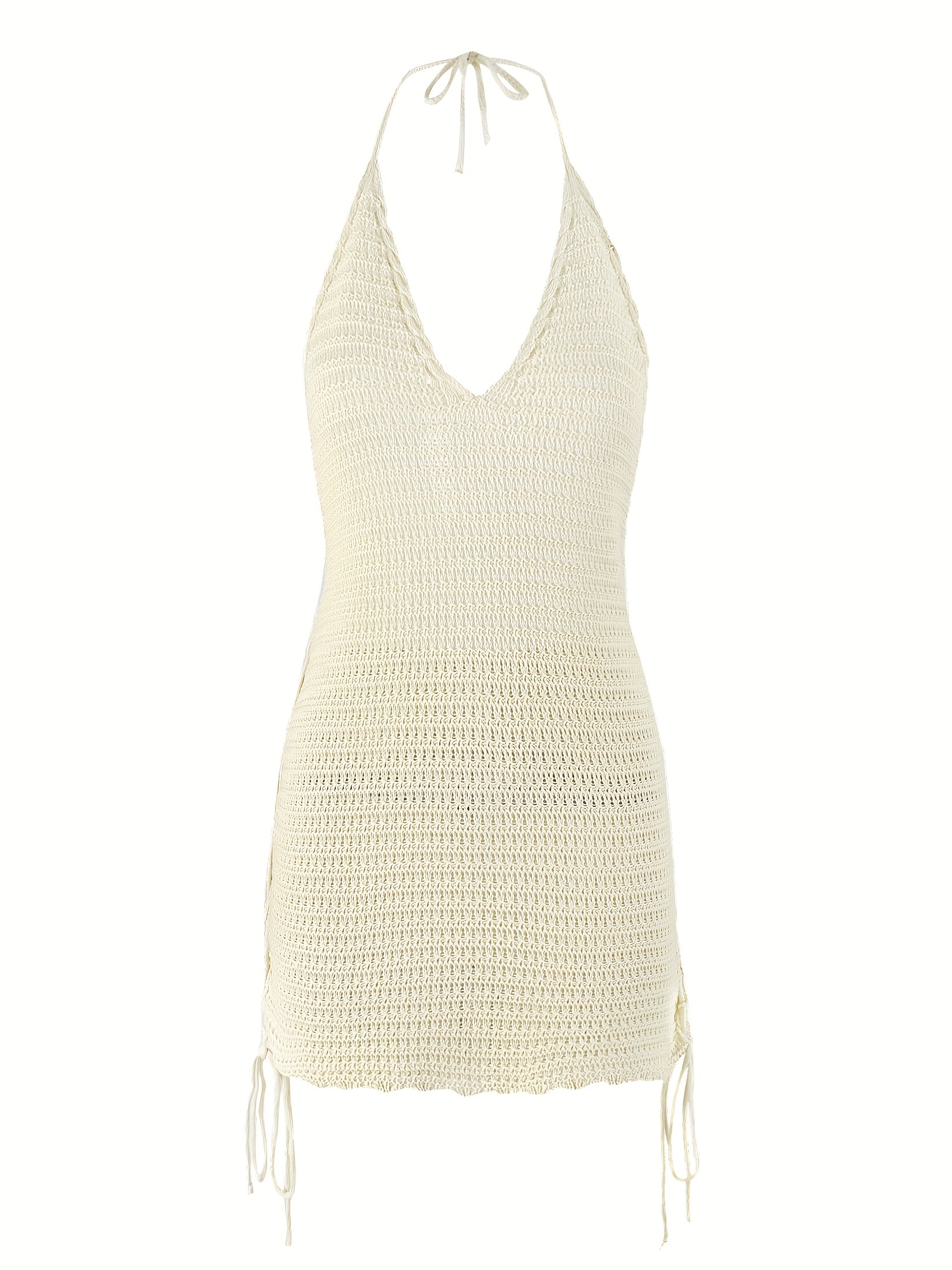 Women'S Elegant Knit Halter Deep V-Neck Mini Dress - Beige, Sleeveless, Side Cross Straps, Polyester, Perfect for Beach Vacation, Beach Vacation Dress | Elegant Mini Dress | Knit Fabric Dress