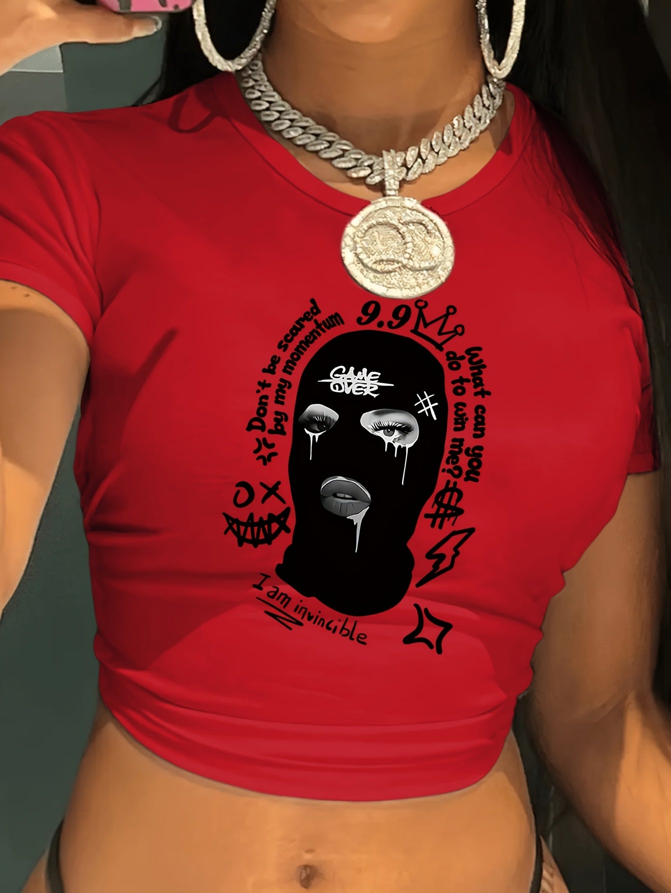 Women'S Y2K Graphic Crop Top T-Shirt - Black Short Sleeve with Unique Black and White Print, Casual Spring/Summer/Fall Wear, Crop Top Blouse