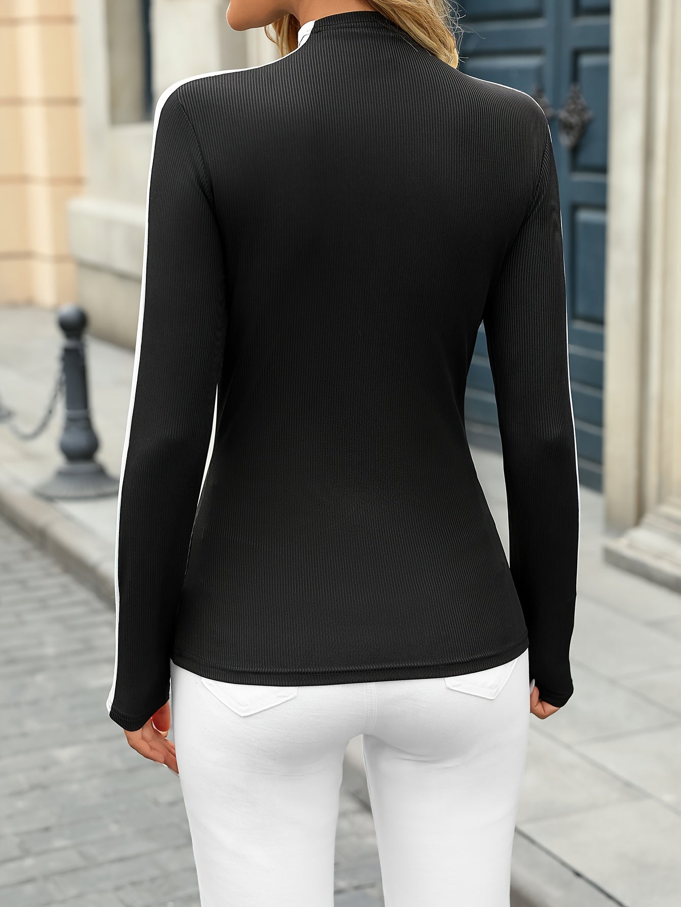 Women'S Elegant Slim Fit Patchwork T-Shirt, High Neck Knit Fabric Top with Polyester 85%, Rayon 11%, Spandex 4% - All Seasons