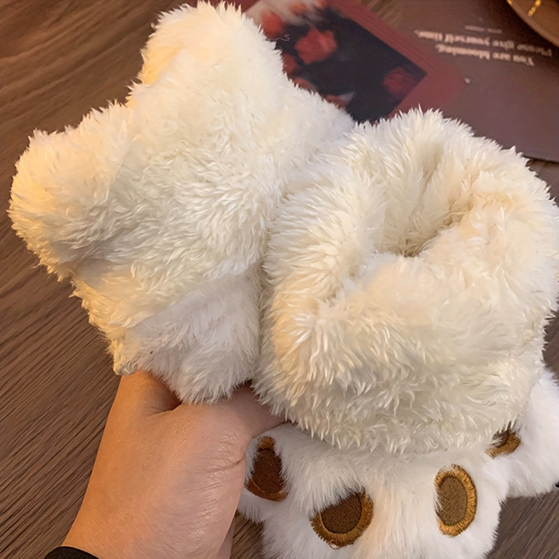 Cozy Cat Paw Plush Mittens - Ultra-Warm, Windproof Thick Fleece Gloves with Cute Animal Design for Cycling, Skiing & Outdoor Activities, White with Brown Accents
