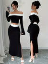 Elegant Off-Shoulder Crop Top & Side-Slit Mermaid Skirt Set - Polyester Blend, Machine Washable