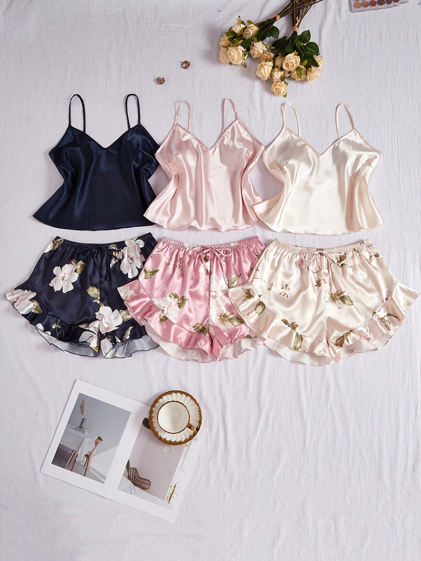 6pcs Camisole Shorts Pajamas in Various Color Combinations, Sweet Women'S Pajama Set, Faux Silky Women'S Loungewear And Casual Wear.