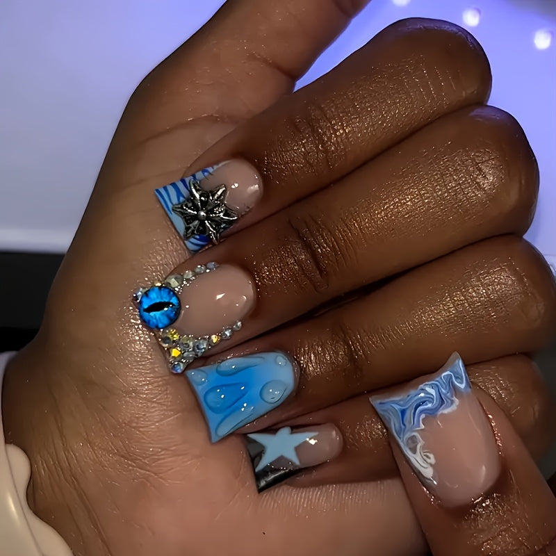 96pcs Press-On Nails Set, Blue & Pink, Duckbill Shape, Medium Length, with Jelly Glue & Nail File, Floral & Rhinestone Designs, Glossy Finish, Perfect for Girls & Women Gift