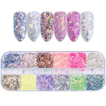 12 Grids of Gradient Candy-Colored Mermaid Flake Glitter Hexagonal Sequins Powder for 3D Nail Art Decoration Tips