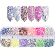 12 Grids of Gradient Candy-Colored Mermaid Flake Glitter Hexagonal Sequins Powder for 3D Nail Art Decoration Tips