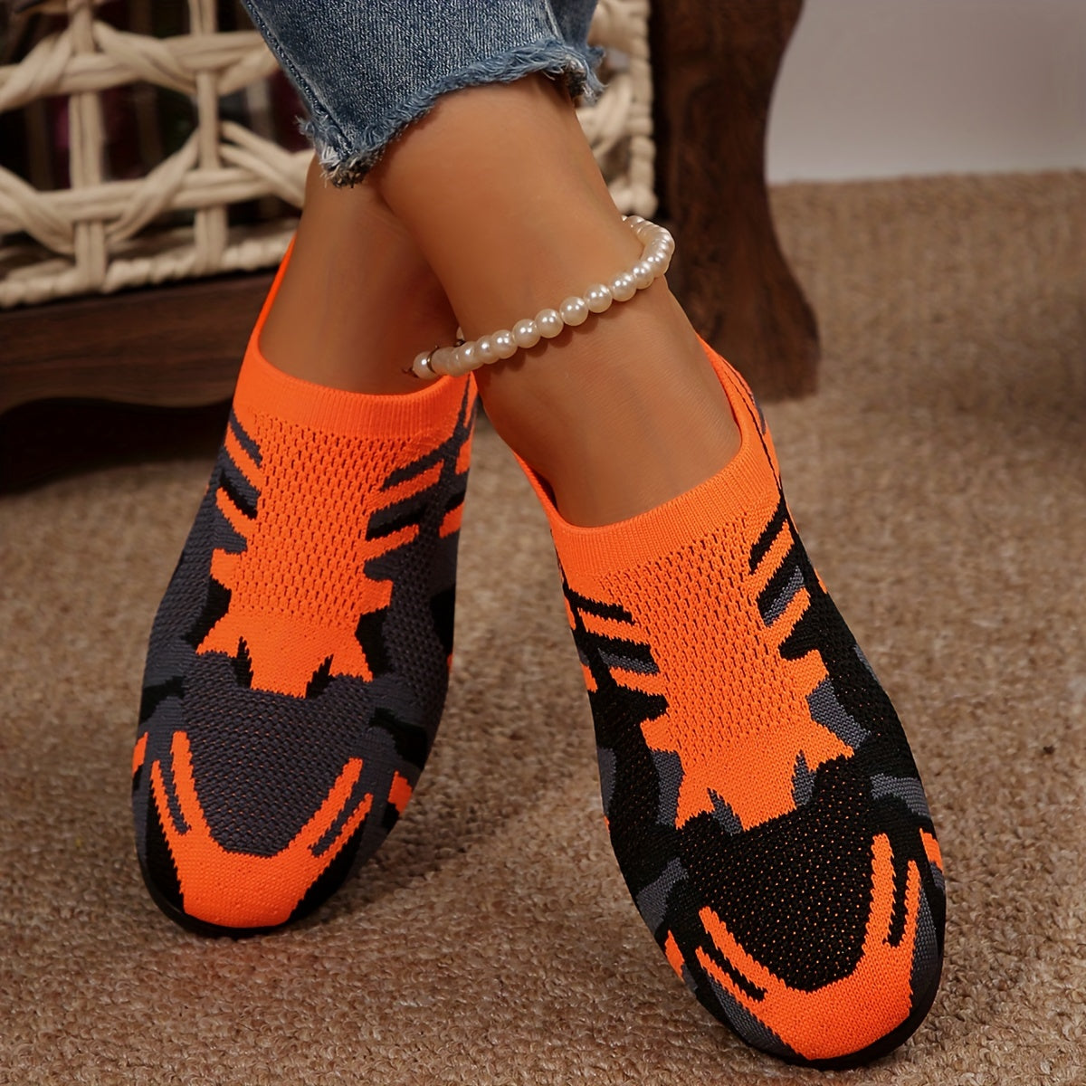 Women's Camouflage Pattern Flat Shoes, Breathable Knit Slip On Outdoor Shoes, Lightweight Low Top Shoes