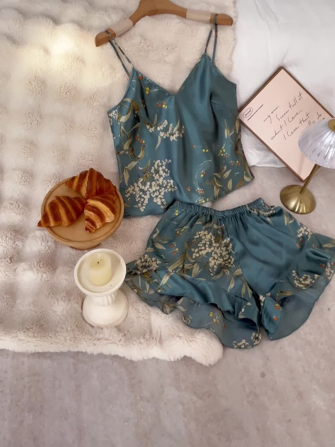 6pcs Women'S Pajama Set, Sexy V-Neck Cherry Print Camisole with Ruffle Shorts, All-Season Comfortable Polyester Sleepwear, 100% Polyester, 90g/m² Woven Fabric, Adult Nightwear