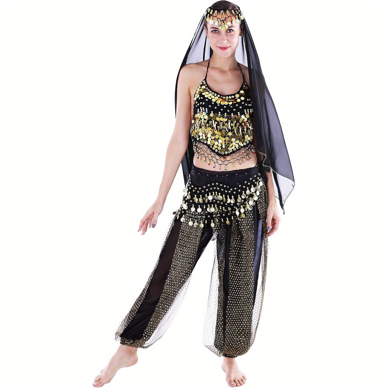 Glamorous 4pcs Indian Dance Costume Set - Headpiece, Bra, Trousers & Waist Chain - Vibrant Red & Golden Accents, Polyester Material - Perfect for Holidays, Performances & Festivals, Festival Attire|Exotic Attire|Polyester Cos
