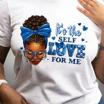 Empowering Women's Black T-Shirt with "It's the Self Love for Me" & Cartoon Print - Breathable, Crew Neck, Short Sleeve, Machine Washable - Perfect for Casual Outfits, Cute T Shirts