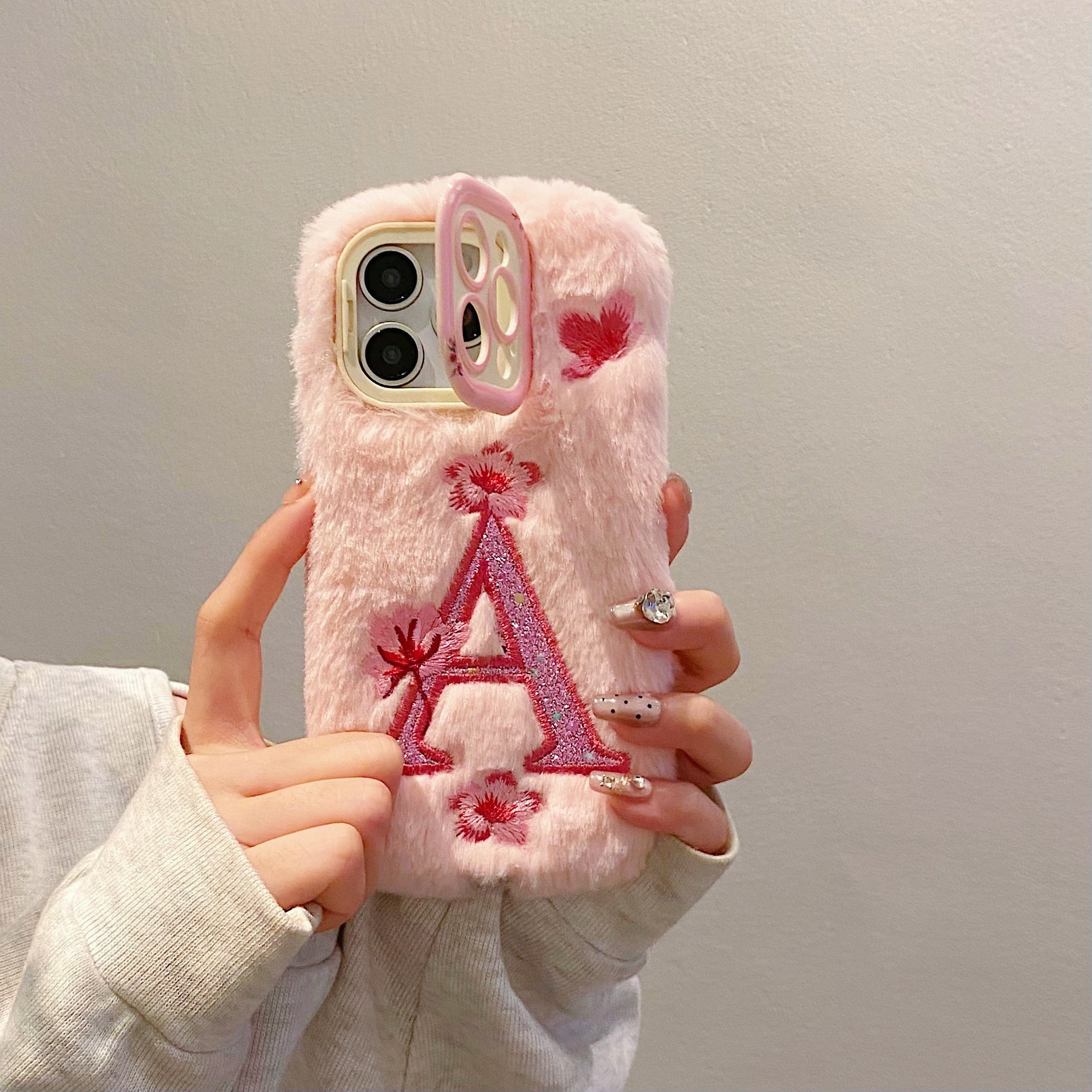Plush Embroidered Big A Letter Stand Mobile Phone Case, Suitable for Apple 16/ 15 Pro Max/15 Pro/15/15Plus/14 Pro Max/14 Pro/14Plus/14/13 Pro Max/13 Pro/13 /12 Pro Max/12 Pro/12/11Pro Max/11 Couple All-Inclusive Mobile Phone