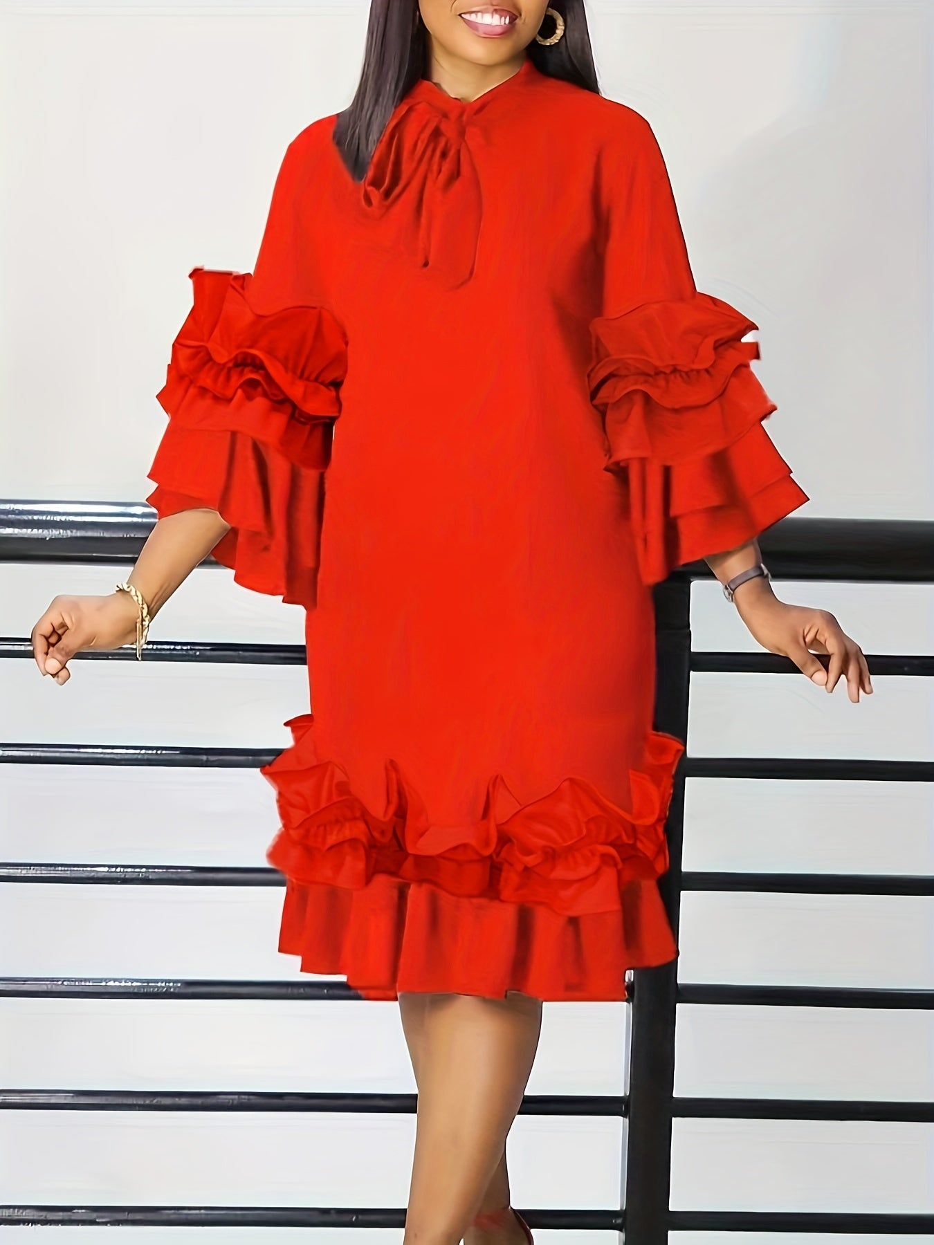 Elegant Ruffled Tie Neck Long Sleeve Dress for Women, Spring/Fall Casual Wear