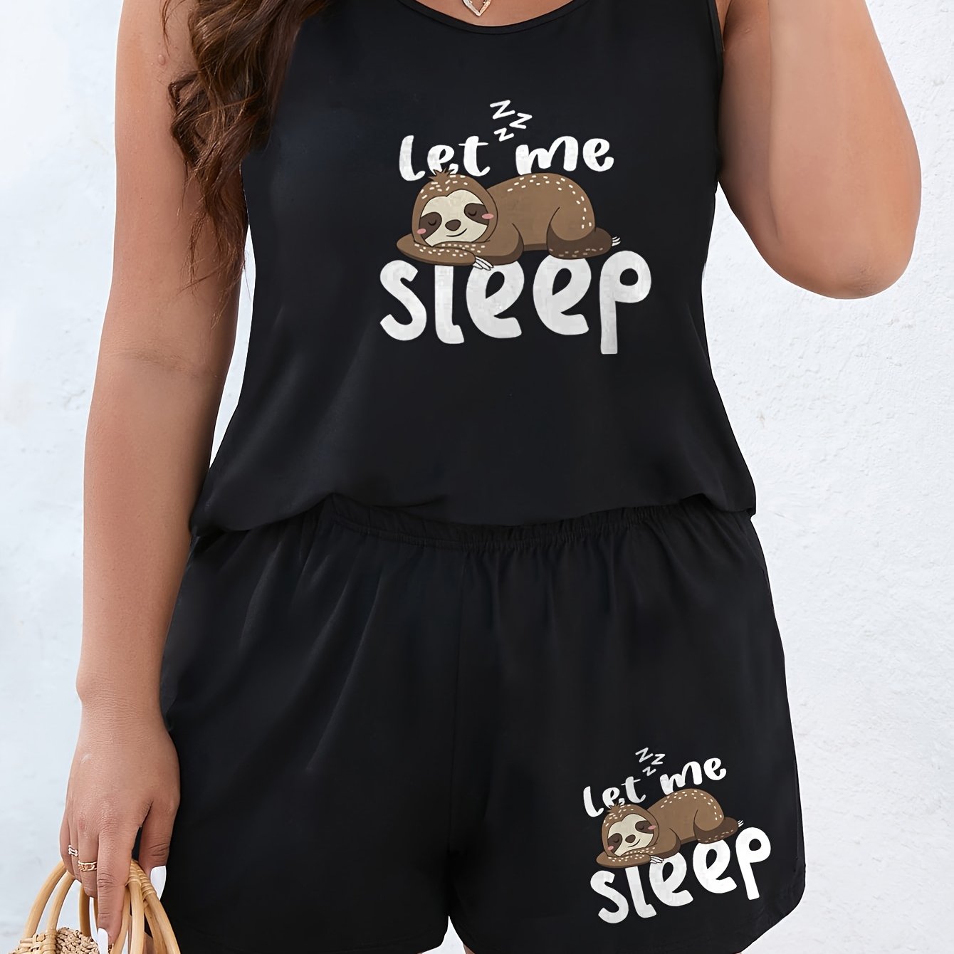 Plus Size Women'S Fashion Casual Comfortable Wearable Loungewear Pajama Set with Simple Let Me Sleep Cartoon Sloth Print Round Neck Tank Top & Shorts 2pcs Plus Size Pajamas