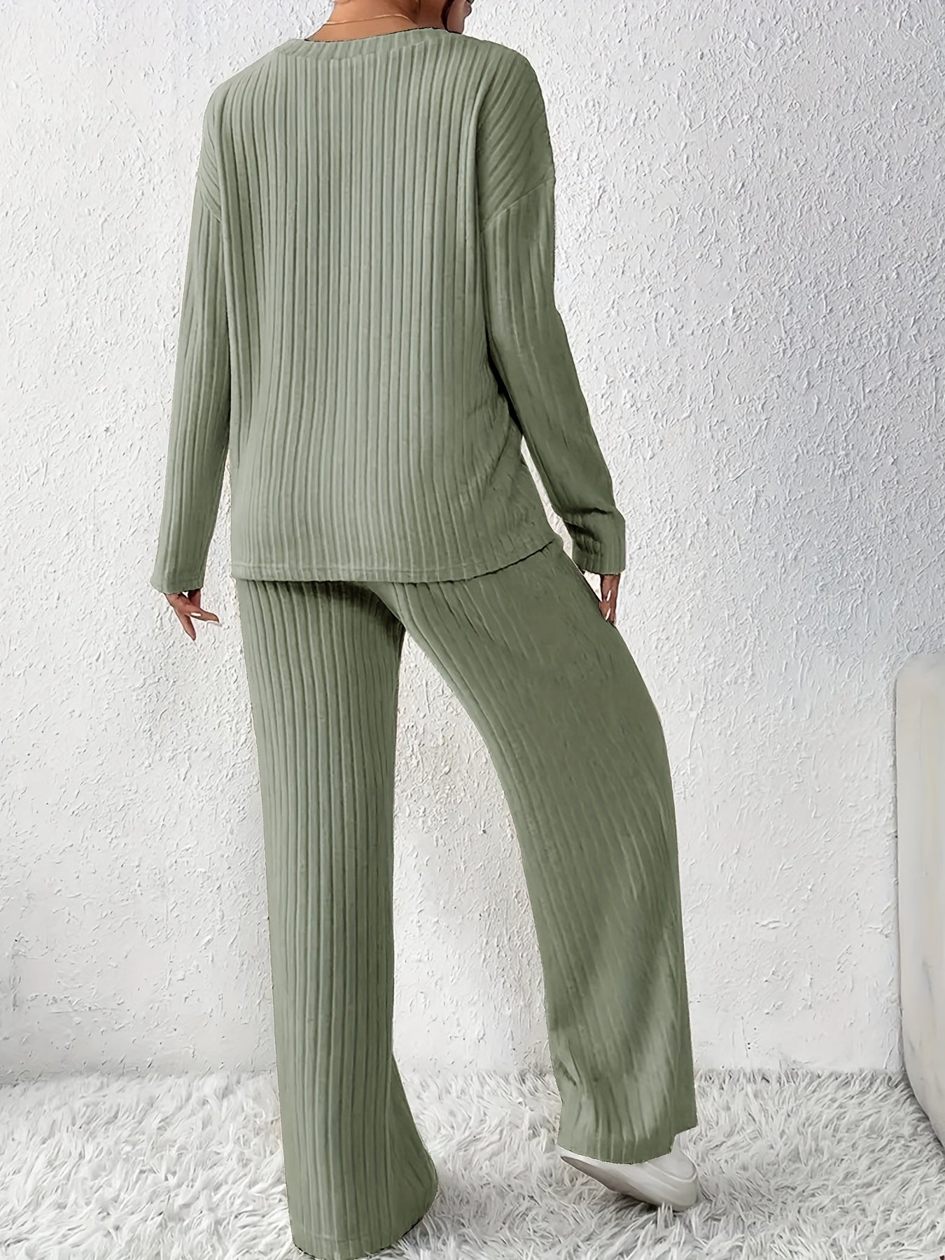 Women's Casual V-Neck Long Sleeve Pajama Set - Light Blue Ribbed Lounge Outfit with Print Cross Detail, Machine Washable, Ladies Pajama Sets