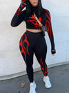 Flame Print Casual Two-piece Set, Crew Neck Long Sleeve Top & Pants Outfits, Women's Clothing