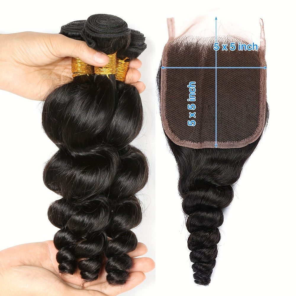 14A Loose Wave Bundles with Closure Human Hair 3 Bundles with 5x5 Lace Closure for Women Free Part 100% Unprocessed Virgin Peruvian Loose Deep Wave Human Hair Weave Bundles with Lace Closure Natural Color
