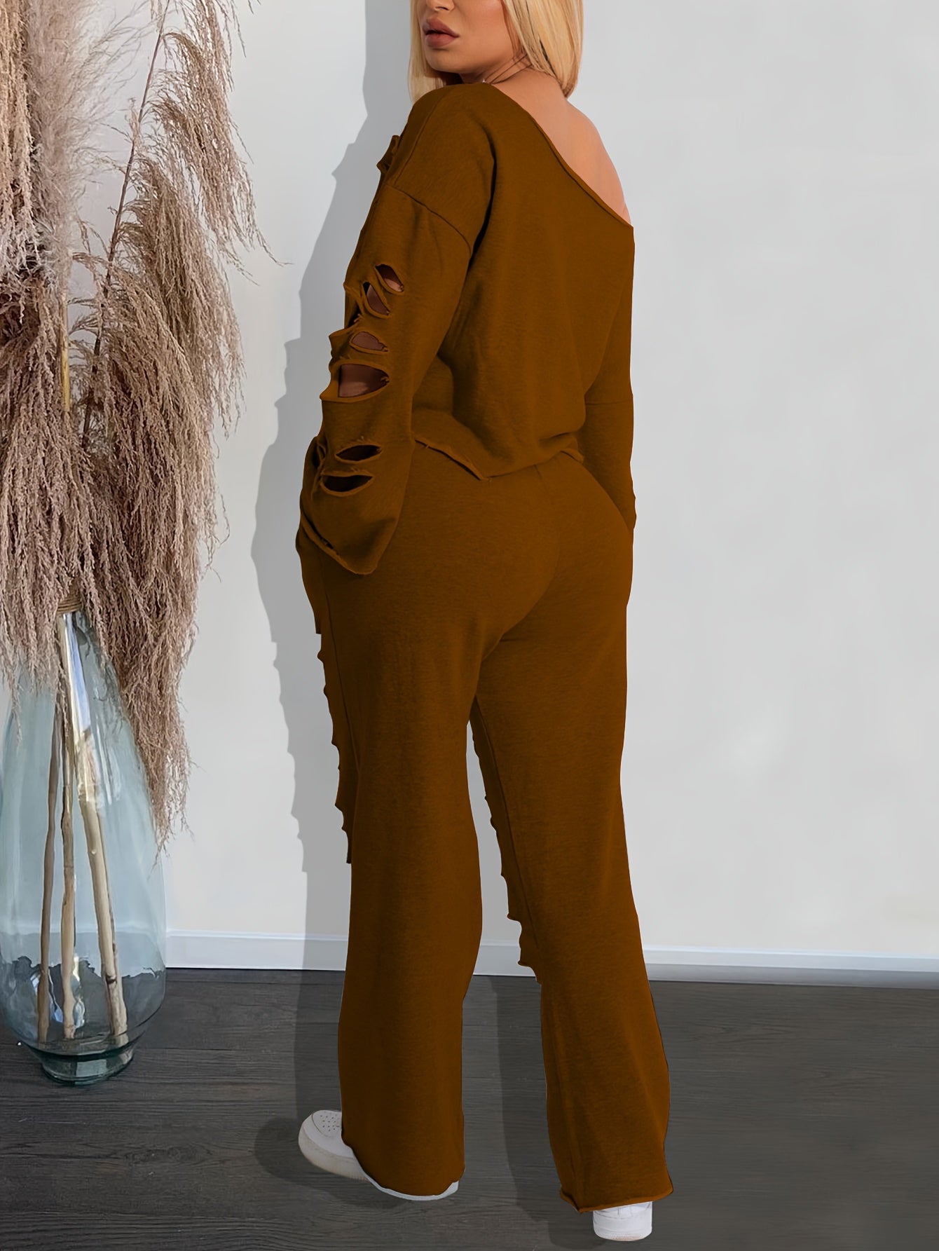 Casual Solid Cut Out Two-piece Set, Long Sleeve Asymmetric Top & Long Pants Outfits, Women's Clothing