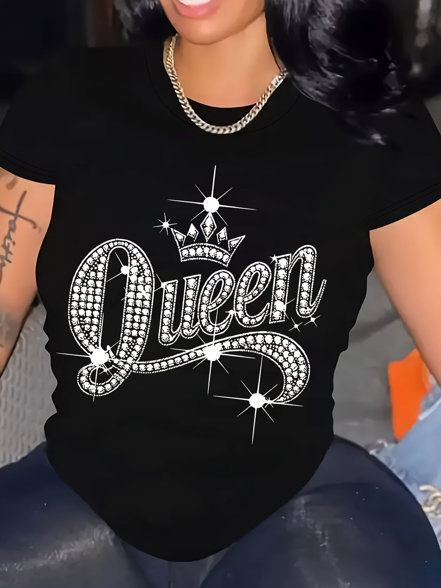 Queen & Crown Print T-shirt, Short Sleeve Crew Neck Casual Top, Women'S Clothing