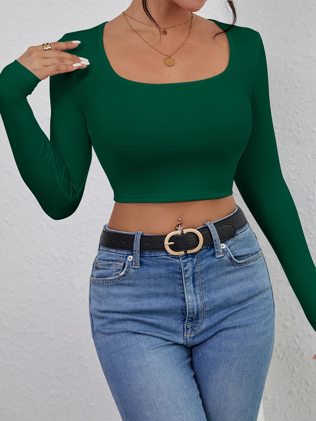 Squared Neck Cropped T-shirt, Casual Long Sleeve Solid T-shirt, Women's Clothing