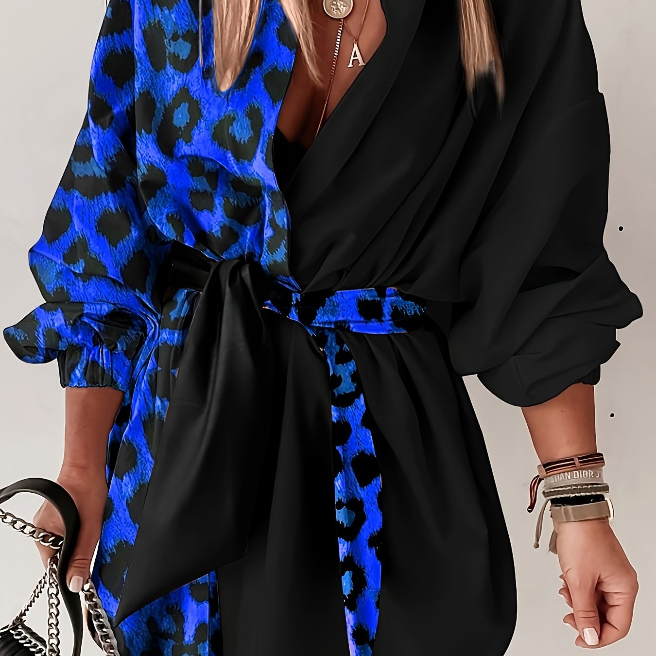 Women'S Leopard Print Wrap Dress with V-Neck and Button Details - Stylish Black and Brown Pattern, Perfect for All Seasons, Casual to Semi-Formal Attire, Casual Attire|Vneck Dress|Wrap Dress