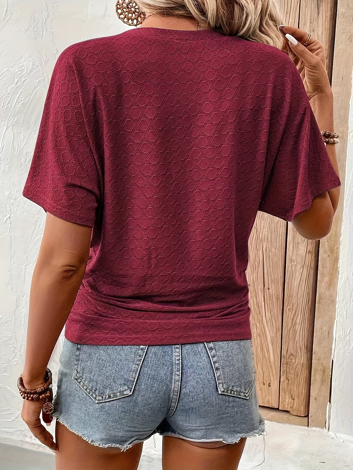 Women's Elegant Solid Color Blouse with Casual Textured Batwing Sleeves - Lightweight Polyester, Ruched Detail, Perfect for Spring/Summer
