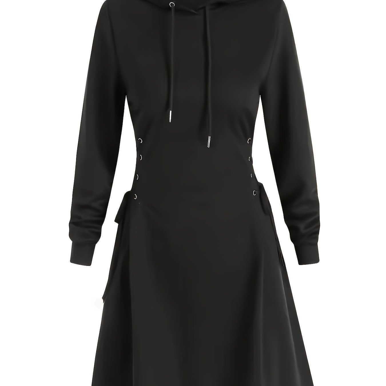 Elegant Hooded Sweatshirt Dress with Drawstring and Knee-Length Skirt - Polyester Knit Fabric, Long Sleeve, Spring/Fall Adult Fashion Dress