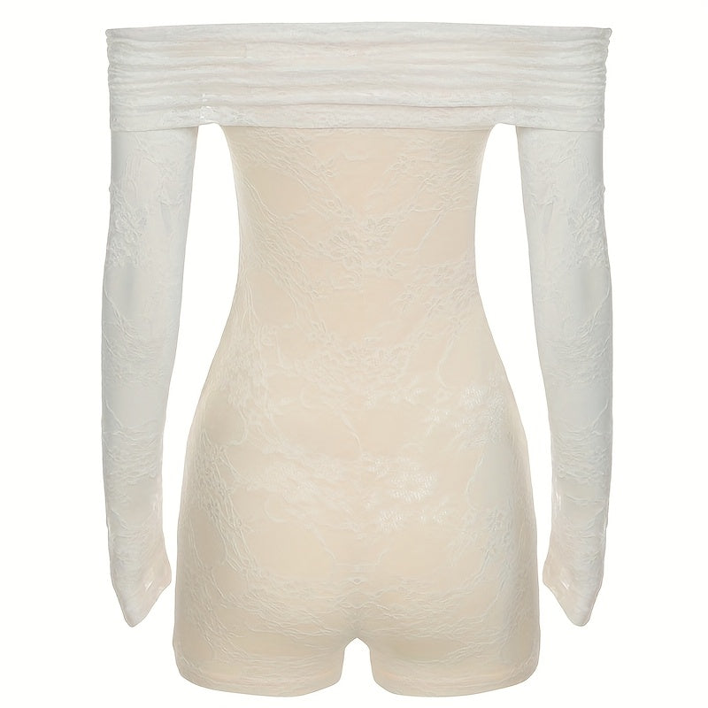 Off the Shoulder Lace Long Sleeve Jumpsuit, Elegant Solid Color, for Women, Spring/Summe