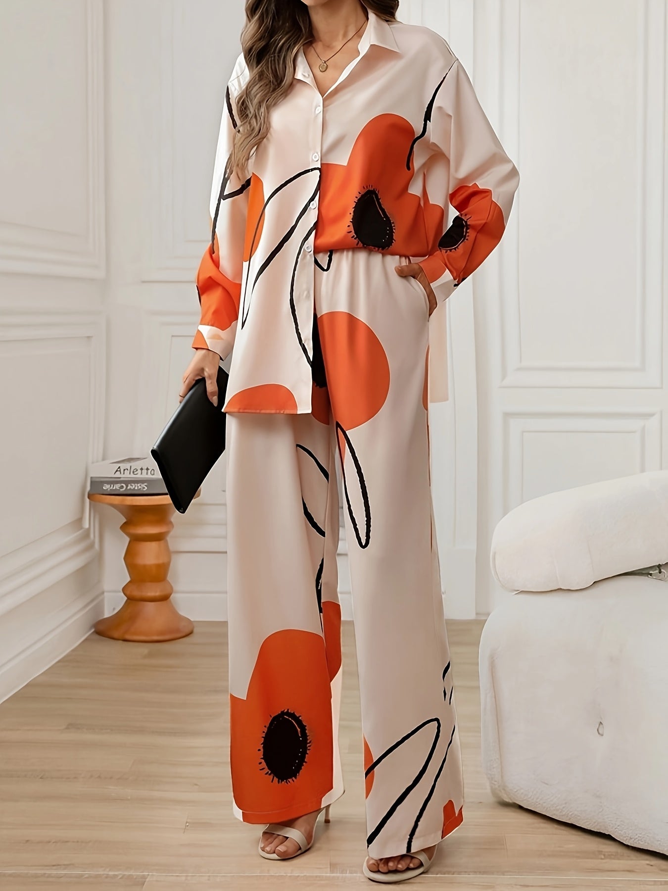 Women'S Floral Print Long Sleeve Shirt & Double Side Pocket Wide Leg Pants Set - Casual Elegant Style, Polyester, Spring/Summer Collection