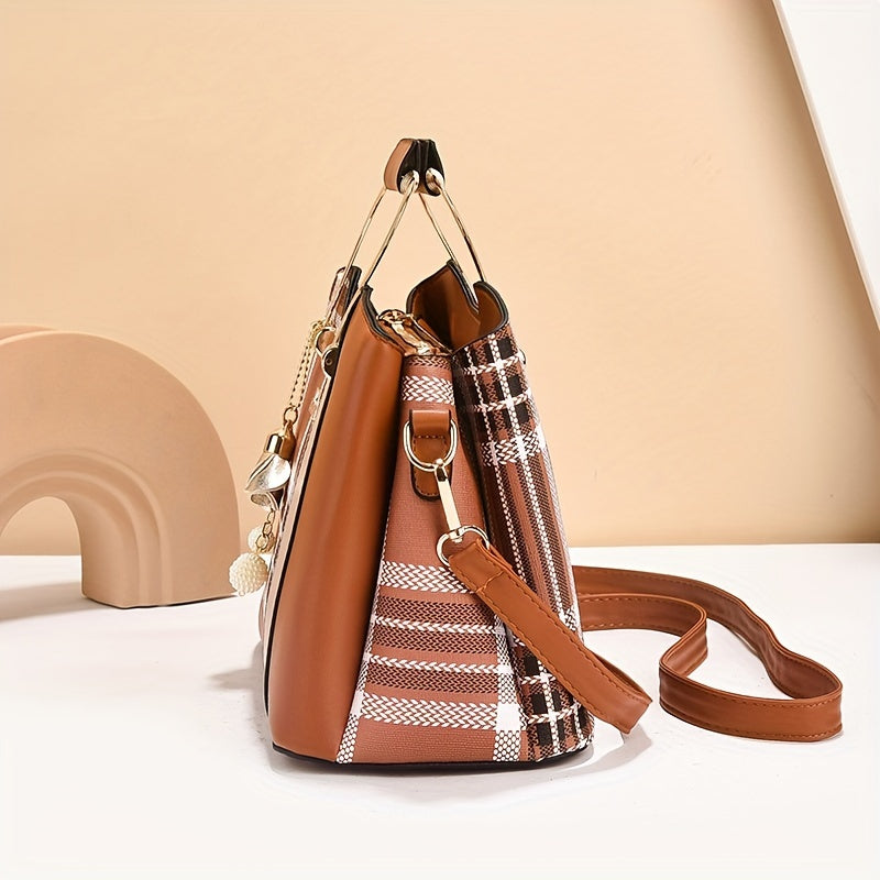 Chic Plaid Tote Bag for Women - Spacious & Stylish, Versatile Shoulder or Crossbody Carry, Durable PU Material, Available in Earthy Tan/Ivory/Pink/Black - For Fashionable Women - Perfect for Everyday Use, Shopping, Travel - I