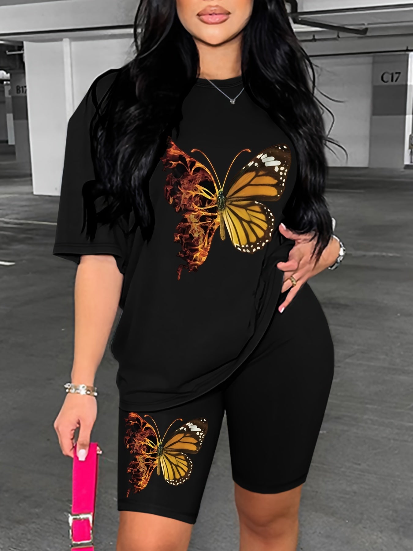 Butterfly Print Matching Two-piece Set, Casual Short Sleeve T-shirt & Skinny Shorts Outfits, Women's Clothing